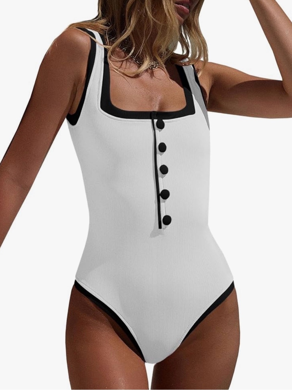 White Ribbed One-Piece Swimsuit with Black Trim